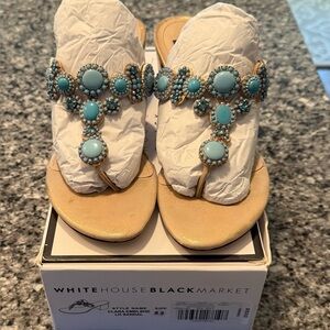 White House Black Market Gold Tan Sandals with Turquoise Beading